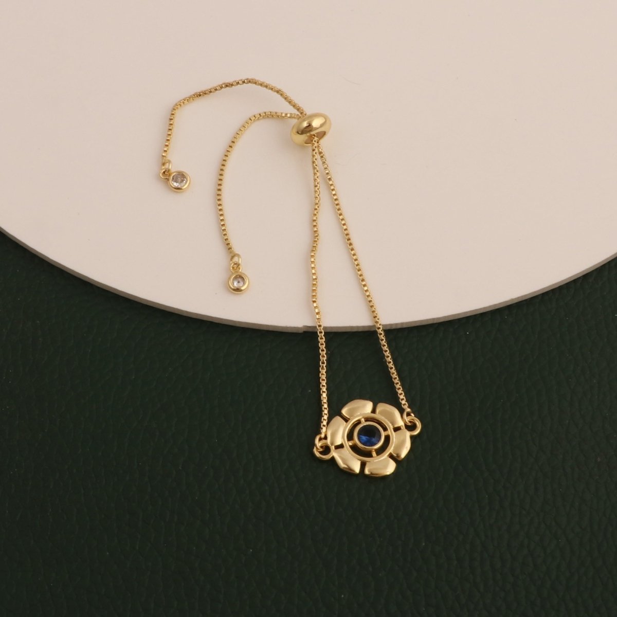 Faceted Apatite Gemstone Floral Slider Bracelet, Gold - Plated Brass Adjustable Chain 5092
