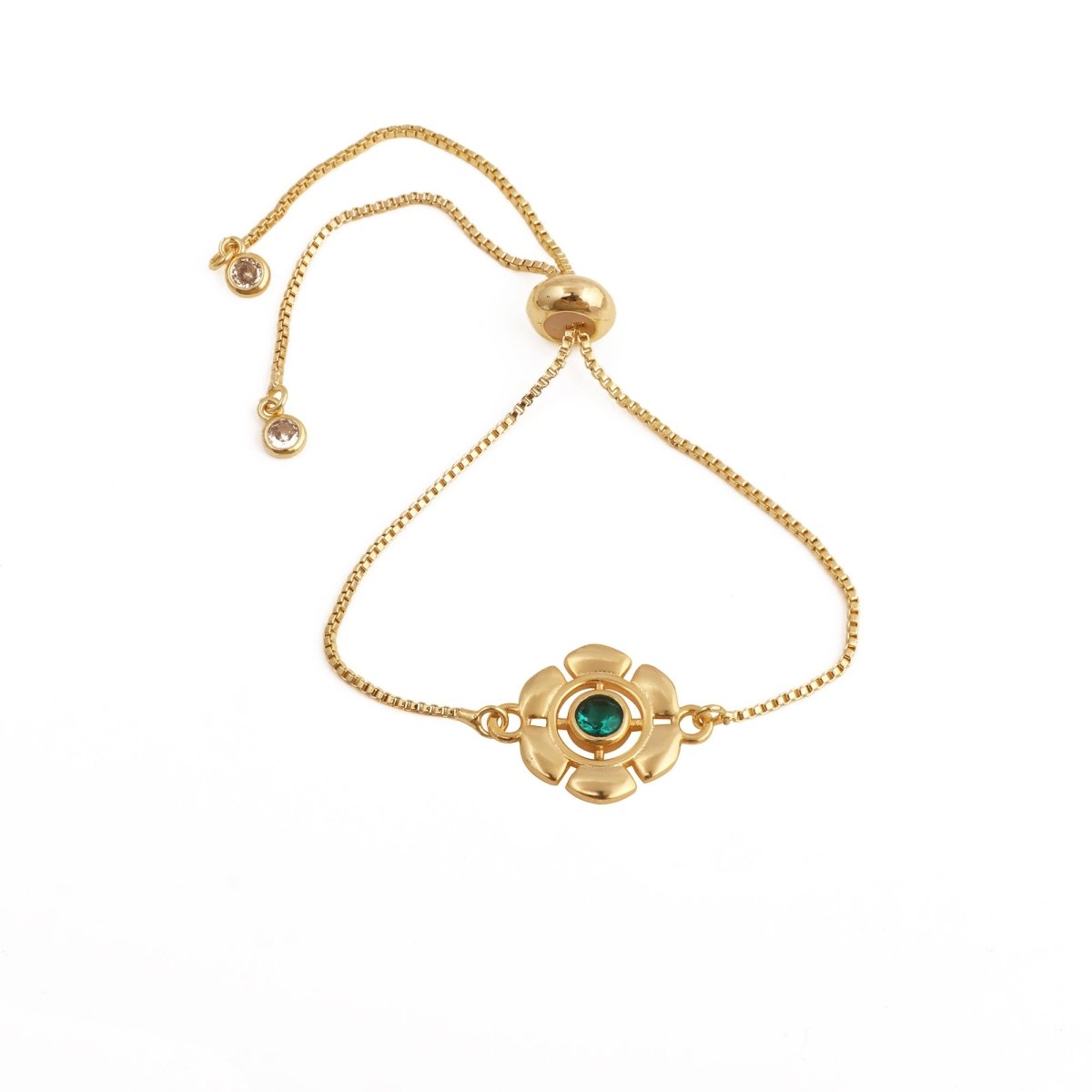 Faceted Apatite Gemstone Floral Slider Bracelet, Gold - Plated Brass Adjustable Chain 5092