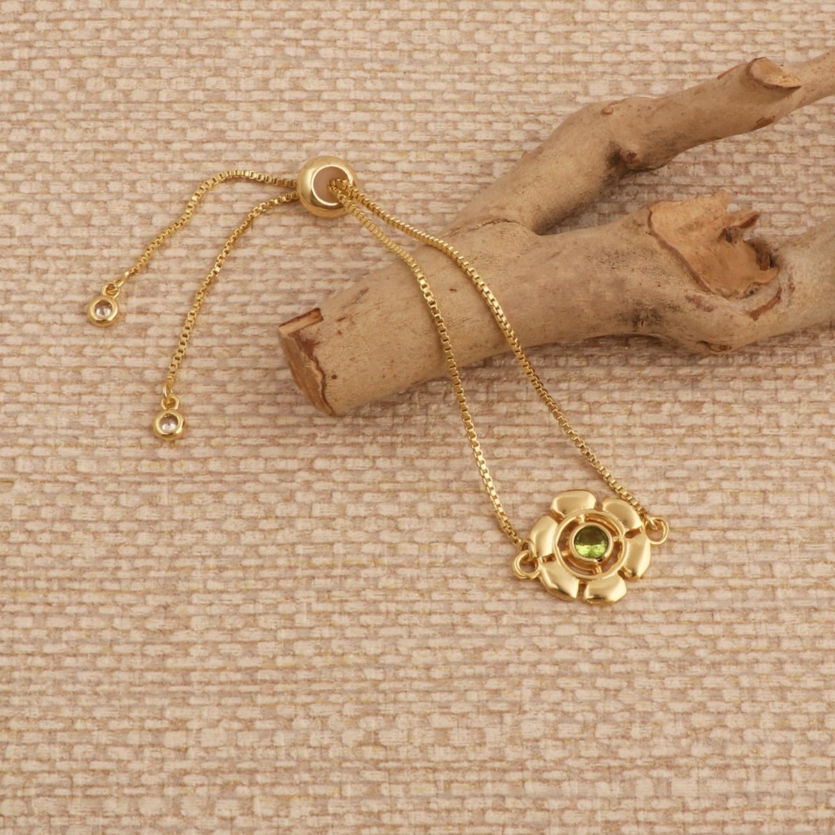 Faceted Apatite Gemstone Floral Slider Bracelet, Gold - Plated Brass Adjustable Chain 5092