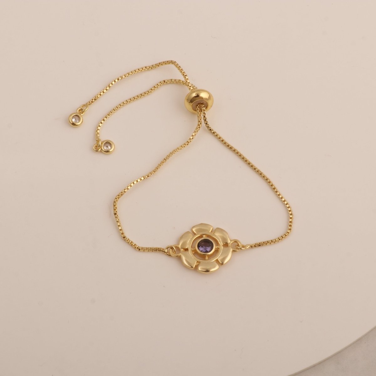 Faceted Apatite Gemstone Floral Slider Bracelet, Gold - Plated Brass Adjustable Chain 5092