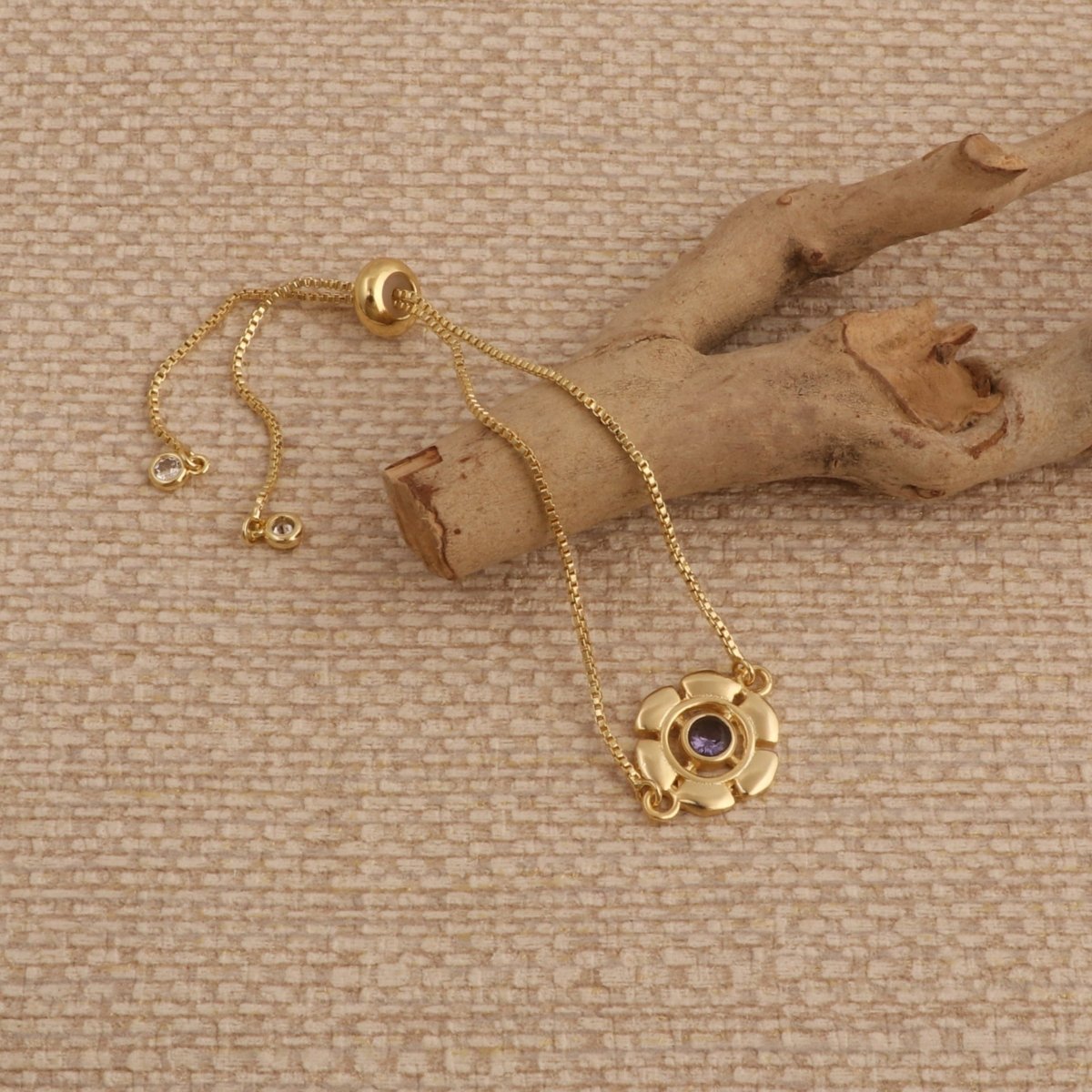 Faceted Apatite Gemstone Floral Slider Bracelet, Gold - Plated Brass Adjustable Chain 5092