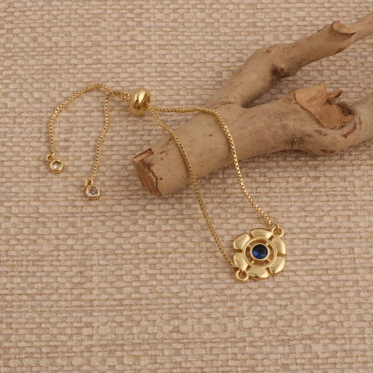 Faceted Apatite Gemstone Floral Slider Bracelet, Gold - Plated Brass Adjustable Chain 5092