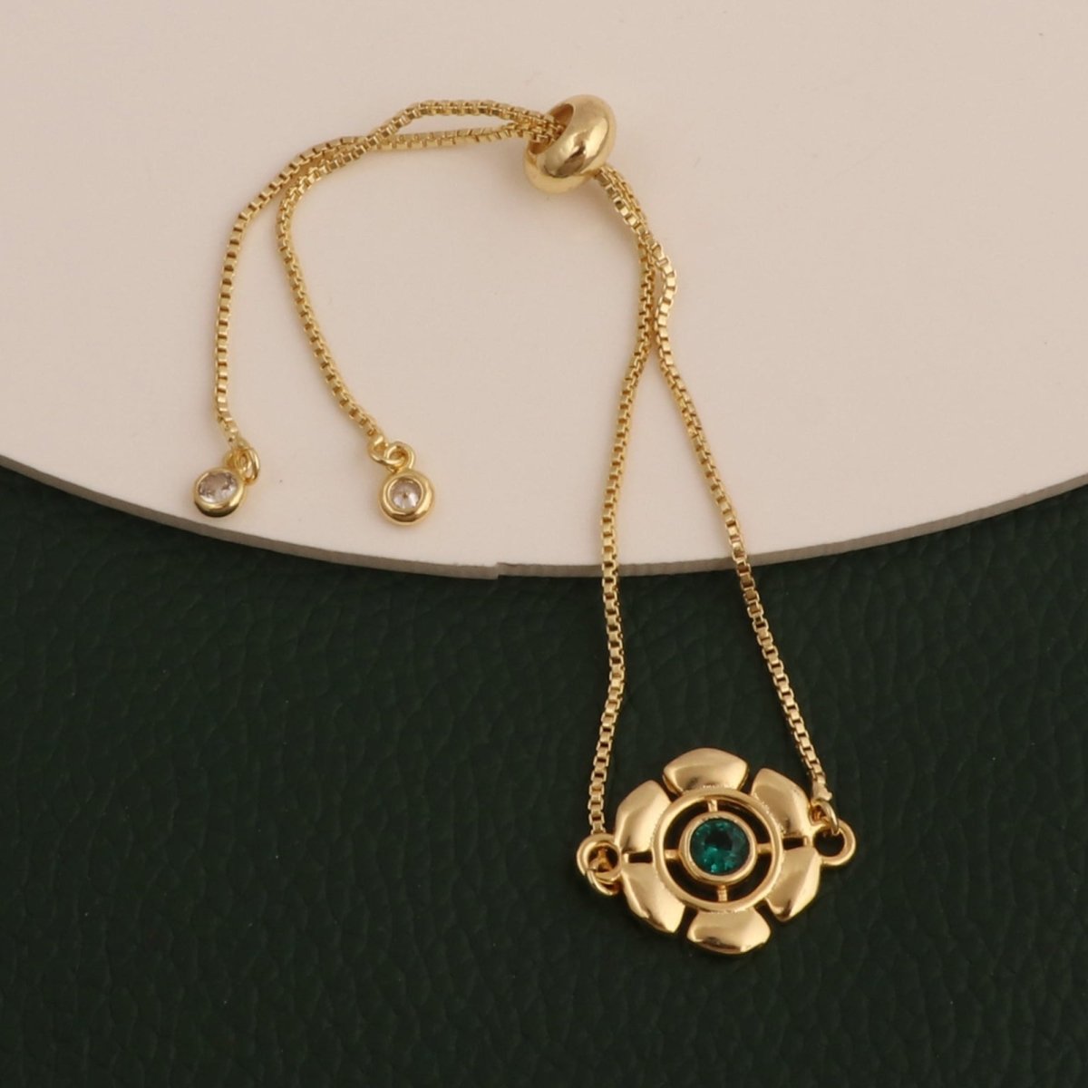 Faceted Apatite Gemstone Floral Slider Bracelet, Gold - Plated Brass Adjustable Chain 5092