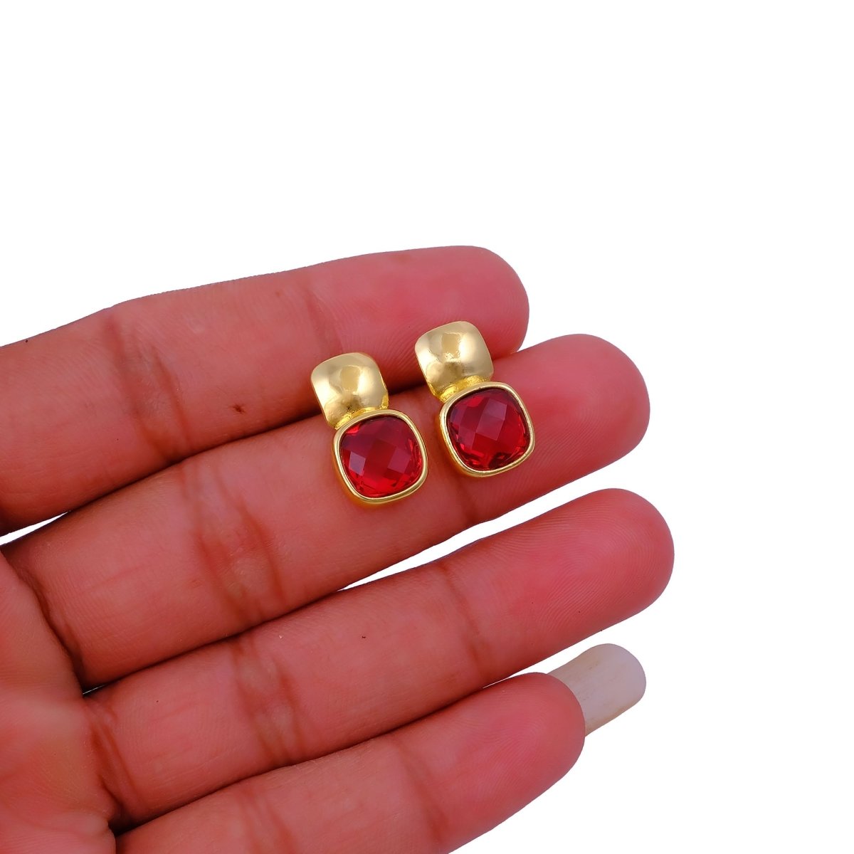 Faceted Blue Topaz Gold Plated Stud Earrings, Cushion Shape Gemstone Jewelry CE - 1033