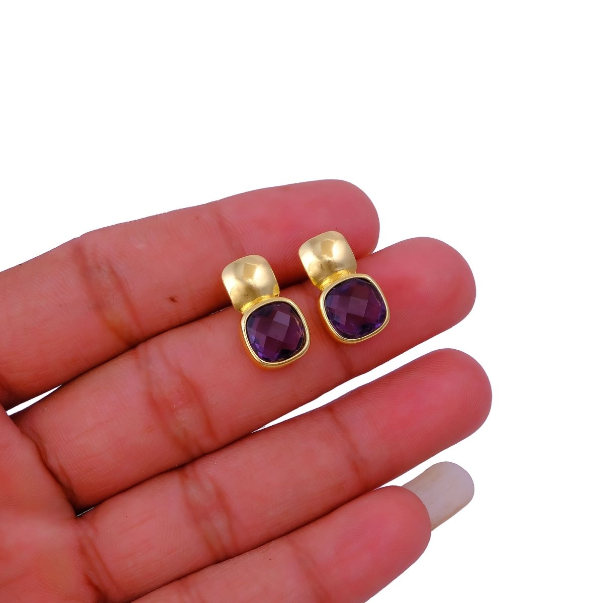 Faceted Blue Topaz Gold Plated Stud Earrings, Cushion Shape Gemstone Jewelry CE - 1033