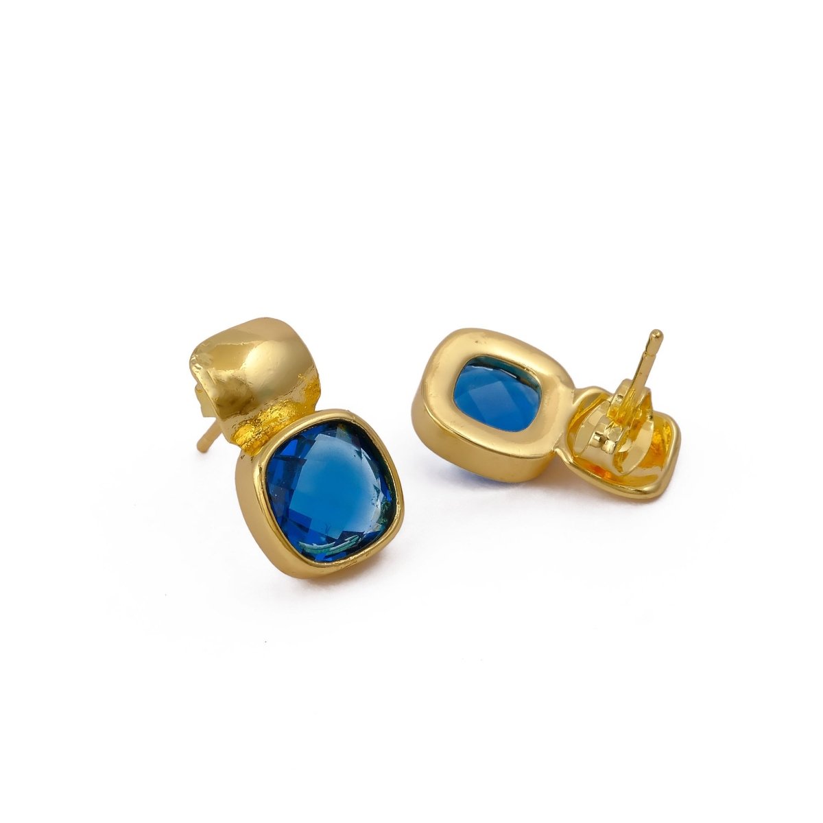 Faceted Blue Topaz Gold Plated Stud Earrings, Cushion Shape Gemstone Jewelry CE - 1033