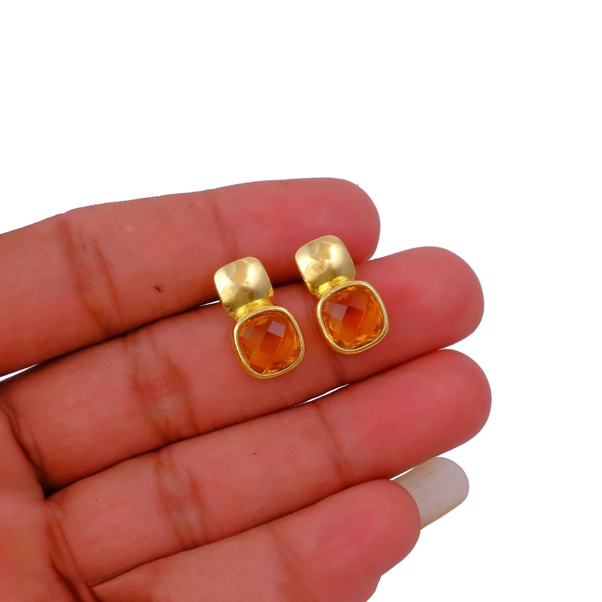 Faceted Blue Topaz Gold Plated Stud Earrings, Cushion Shape Gemstone Jewelry CE - 1033