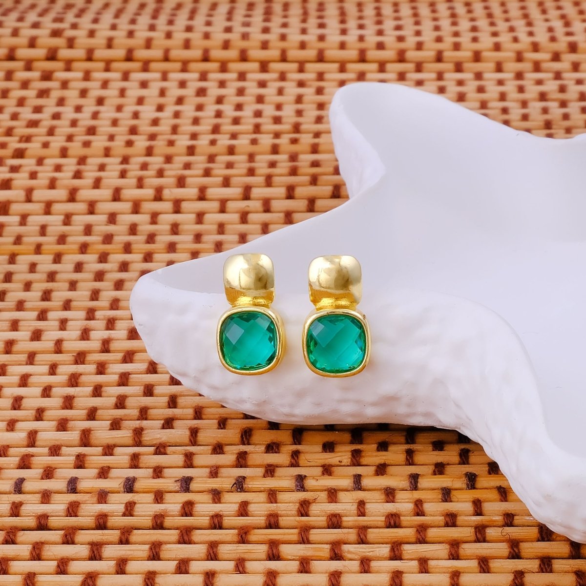 Faceted Blue Topaz Gold Plated Stud Earrings, Cushion Shape Gemstone Jewelry CE - 1033