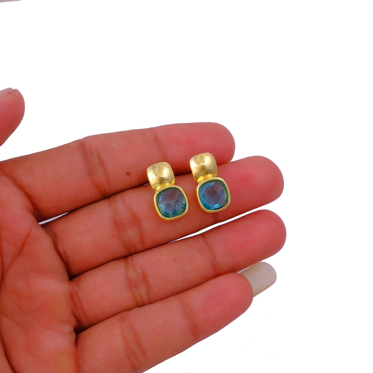Faceted Blue Topaz Gold Plated Stud Earrings, Cushion Shape Gemstone Jewelry CE - 1033