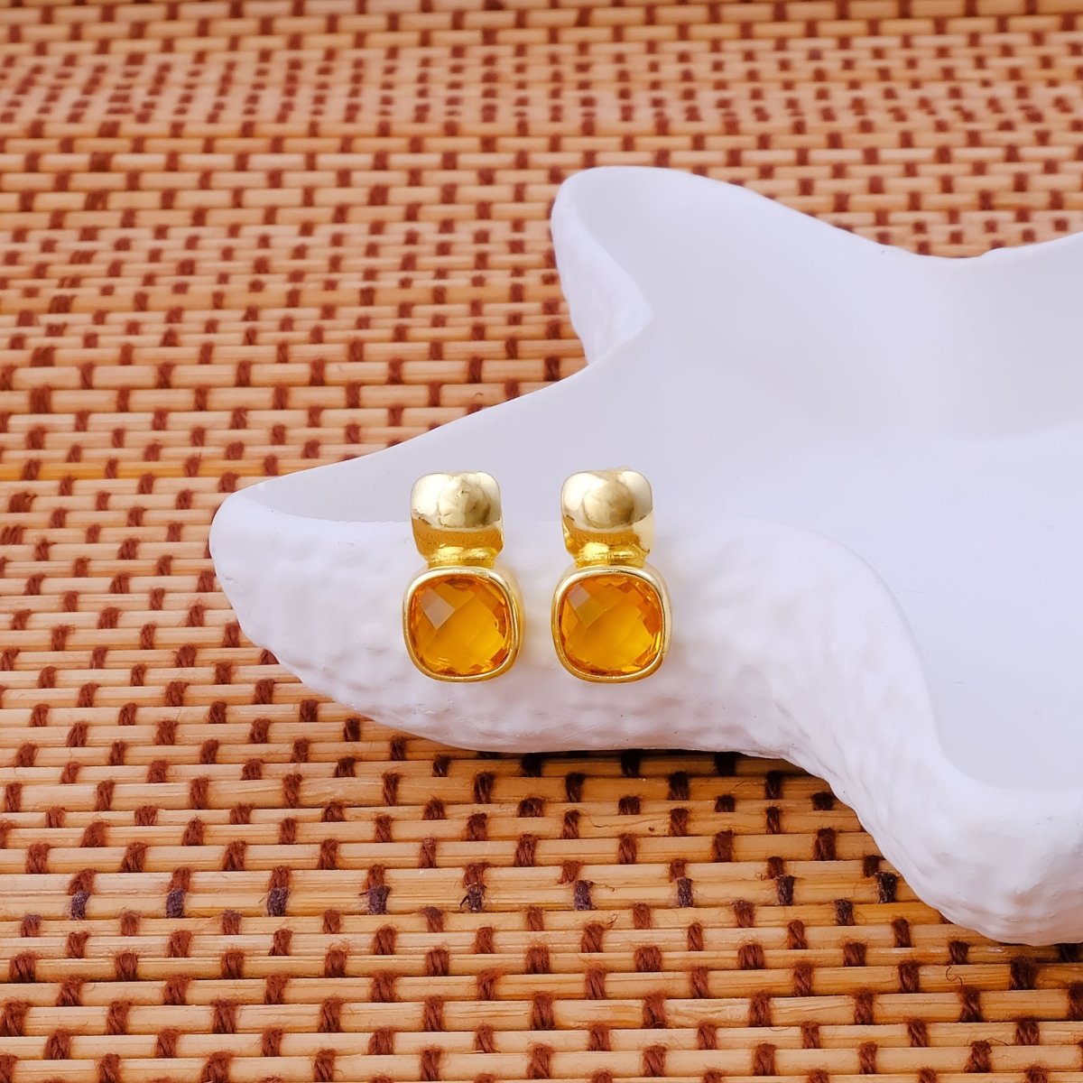 Faceted Blue Topaz Gold Plated Stud Earrings, Cushion Shape Gemstone Jewelry CE - 1033