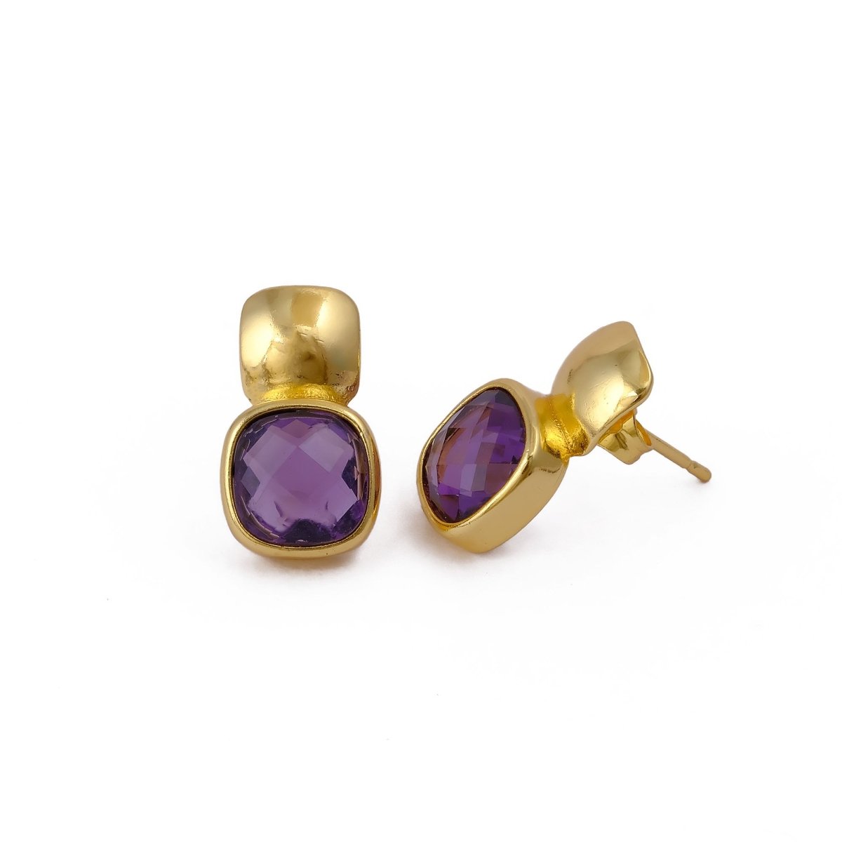 Faceted Blue Topaz Gold Plated Stud Earrings, Cushion Shape Gemstone Jewelry CE - 1033