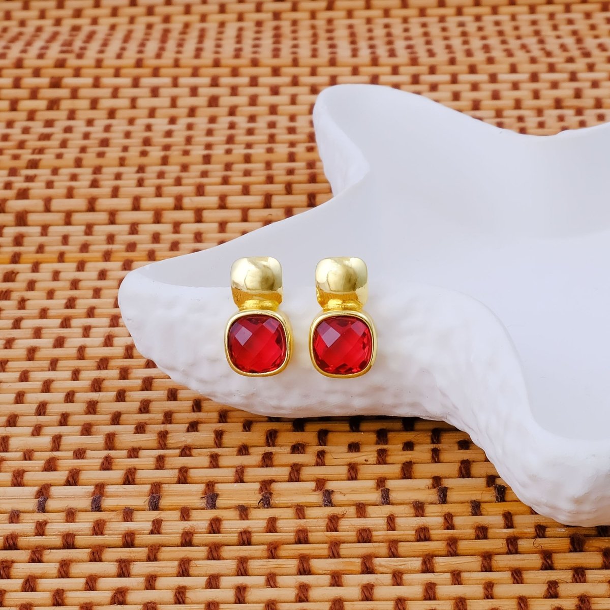 Faceted Blue Topaz Gold Plated Stud Earrings, Cushion Shape Gemstone Jewelry CE - 1033