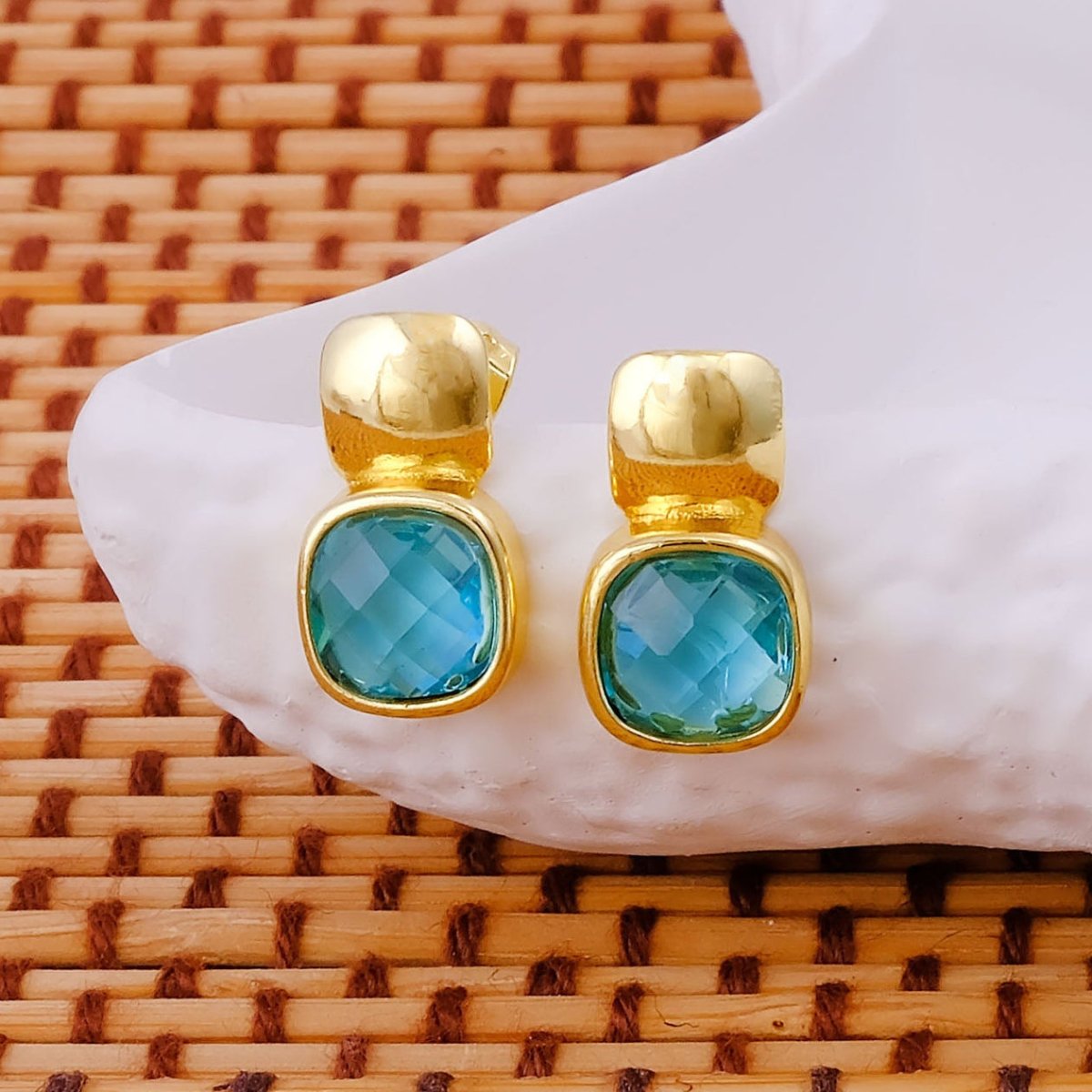 Faceted Blue Topaz Gold Plated Stud Earrings, Cushion Shape Gemstone Jewelry CE - 1033