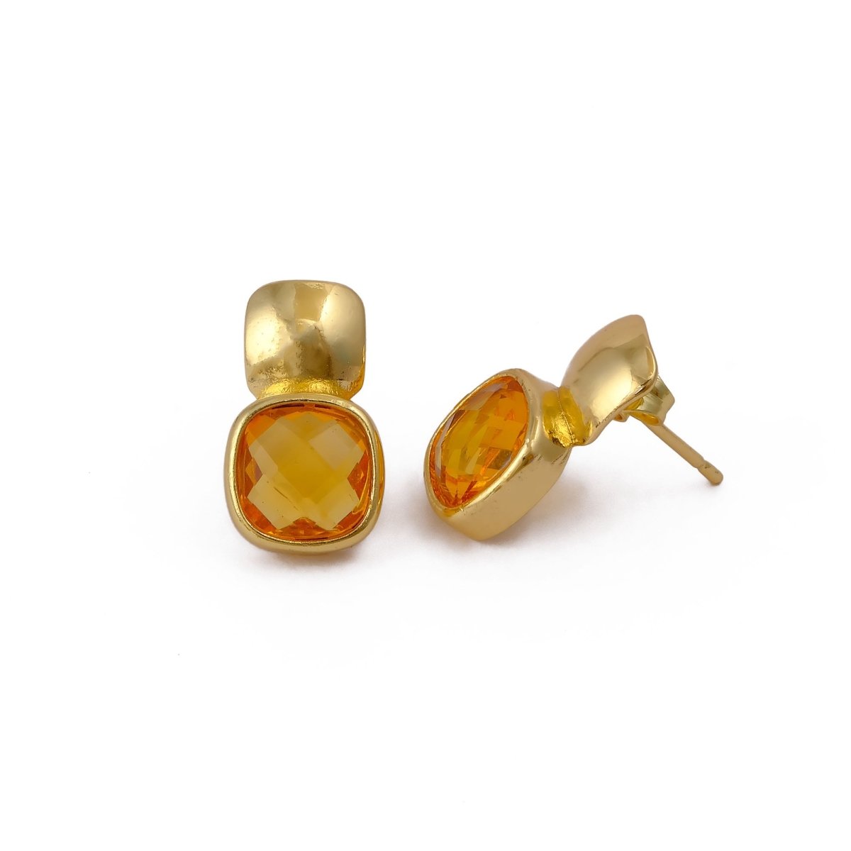 Faceted Blue Topaz Gold Plated Stud Earrings, Cushion Shape Gemstone Jewelry CE - 1033