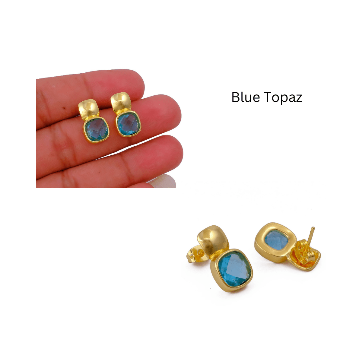 Faceted Blue Topaz Gold Plated Stud Earrings, Cushion Shape Gemstone Jewelry CE - 1033