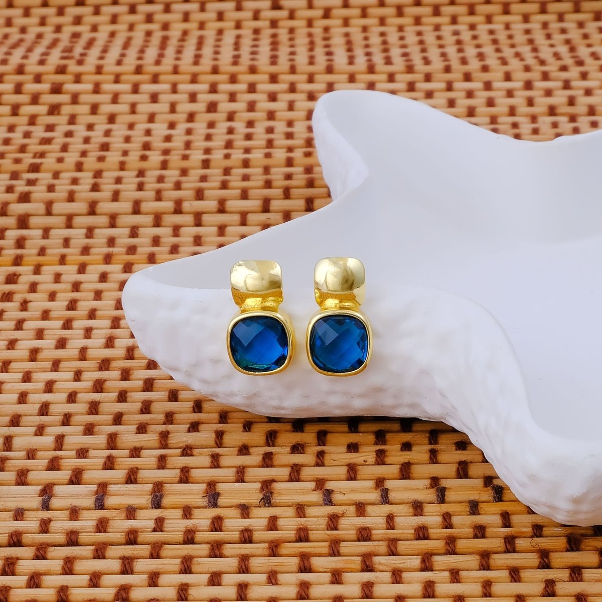 Faceted Blue Topaz Gold Plated Stud Earrings, Cushion Shape Gemstone Jewelry CE - 1033