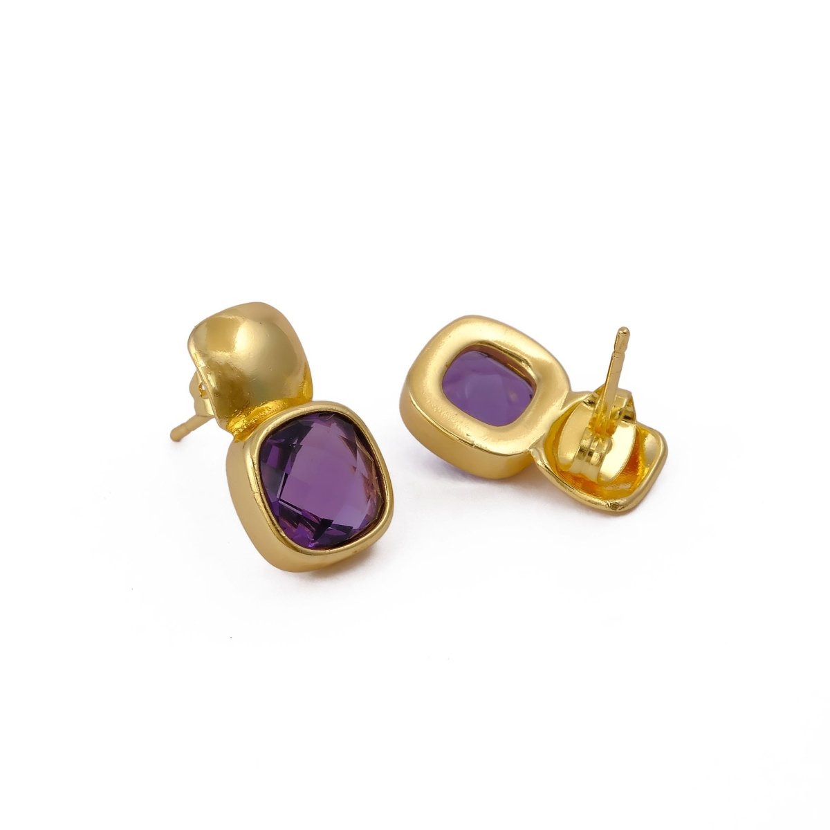 Faceted Blue Topaz Gold Plated Stud Earrings, Cushion Shape Gemstone Jewelry CE - 1033