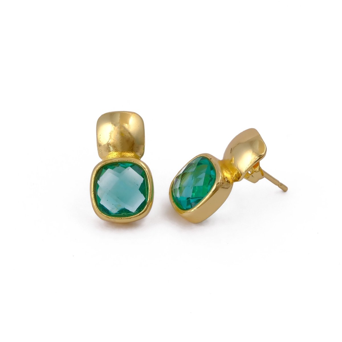Faceted Blue Topaz Gold Plated Stud Earrings, Cushion Shape Gemstone Jewelry CE - 1033