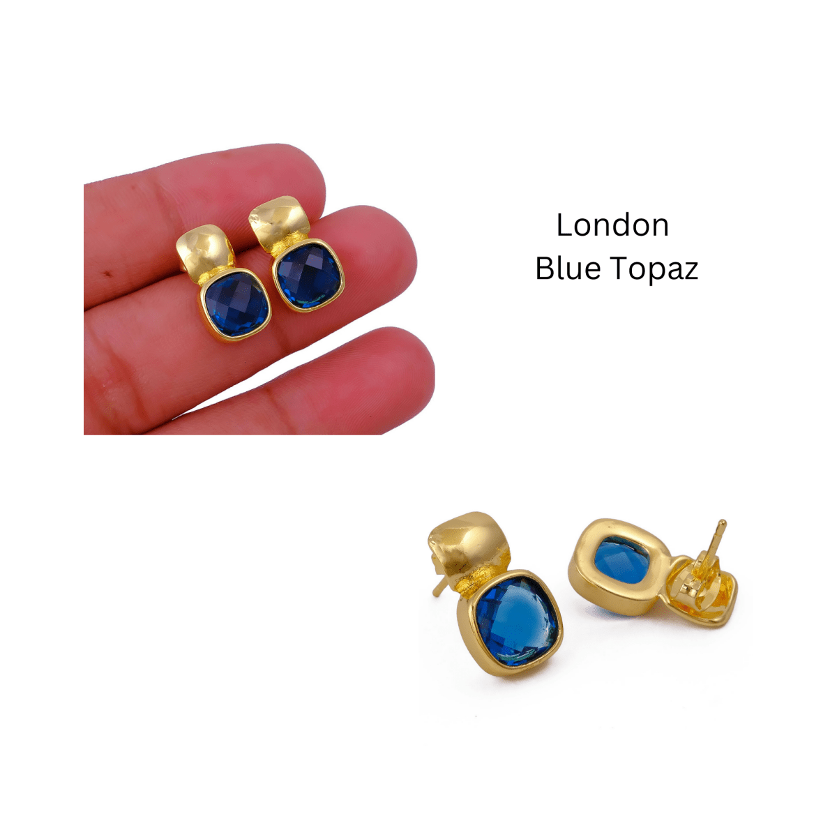 Faceted Blue Topaz Gold Plated Stud Earrings, Cushion Shape Gemstone Jewelry CE - 1033