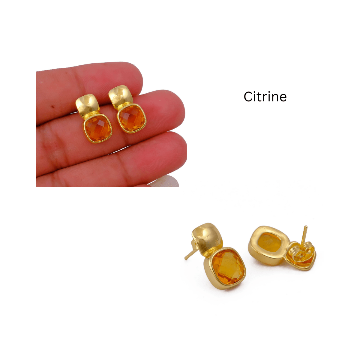 Faceted Blue Topaz Gold Plated Stud Earrings, Cushion Shape Gemstone Jewelry CE - 1033