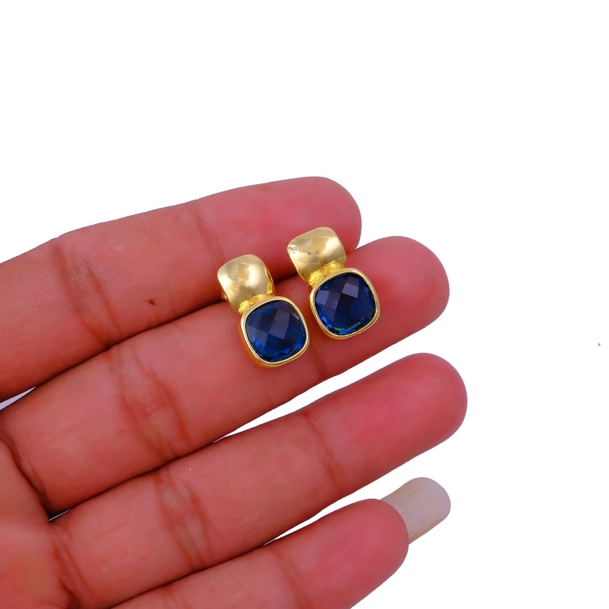 Faceted Blue Topaz Gold Plated Stud Earrings, Cushion Shape Gemstone Jewelry CE - 1033