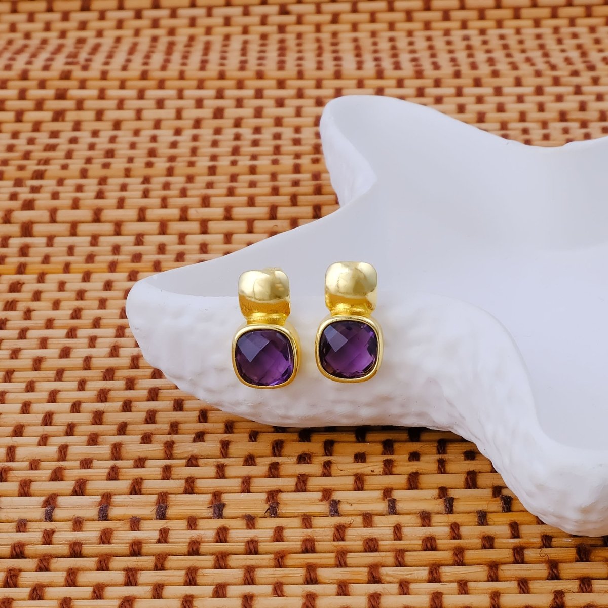 Faceted Blue Topaz Gold Plated Stud Earrings, Cushion Shape Gemstone Jewelry CE - 1033