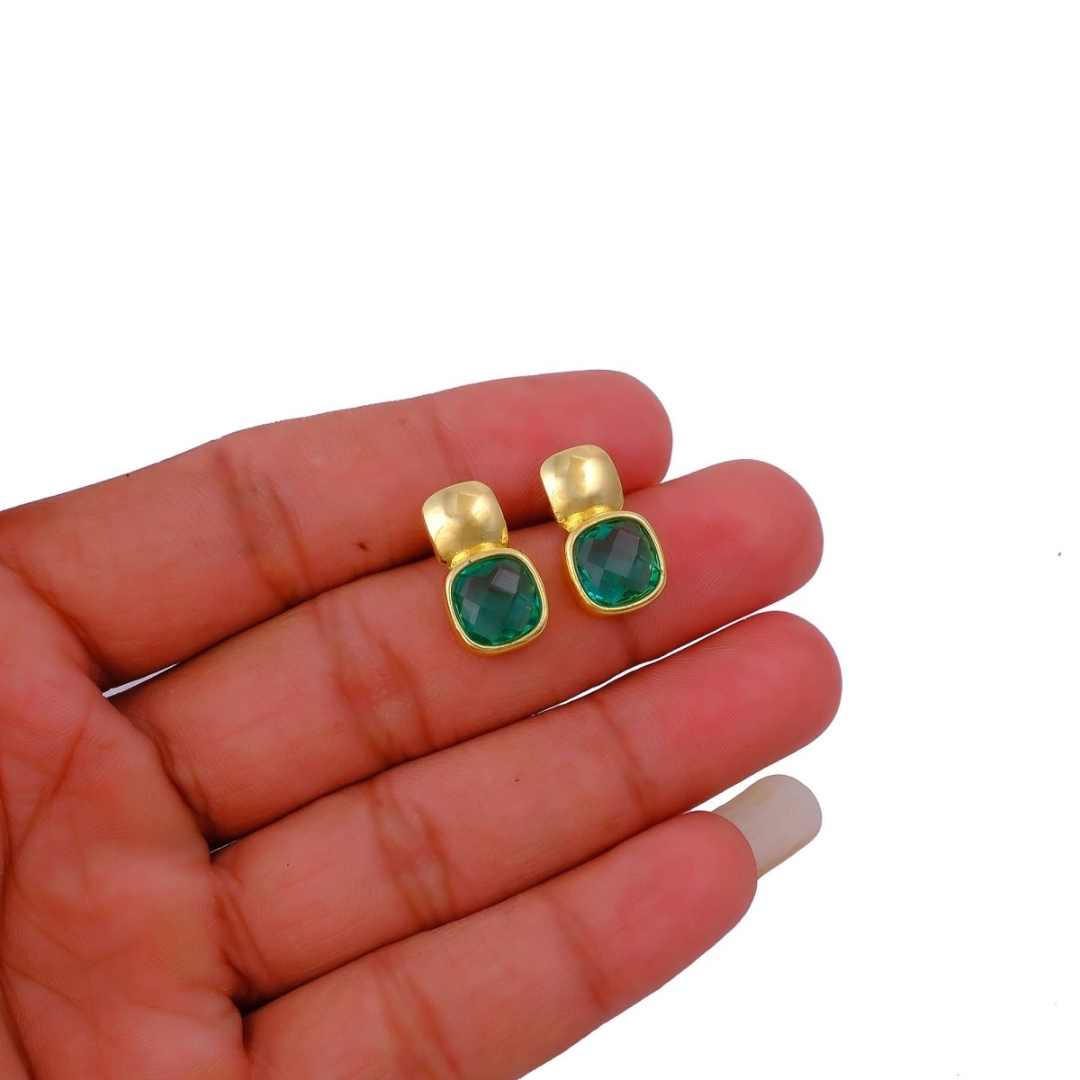 Faceted Blue Topaz Gold Plated Stud Earrings, Cushion Shape Gemstone Jewelry CE - 1033