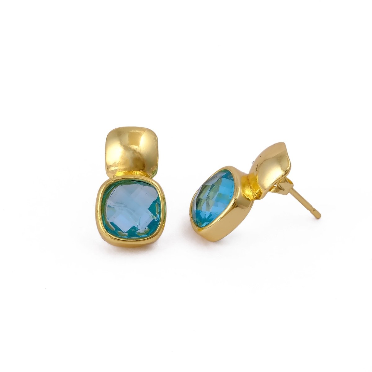 Faceted Blue Topaz Gold Plated Stud Earrings, Cushion Shape Gemstone Jewelry CE - 1033