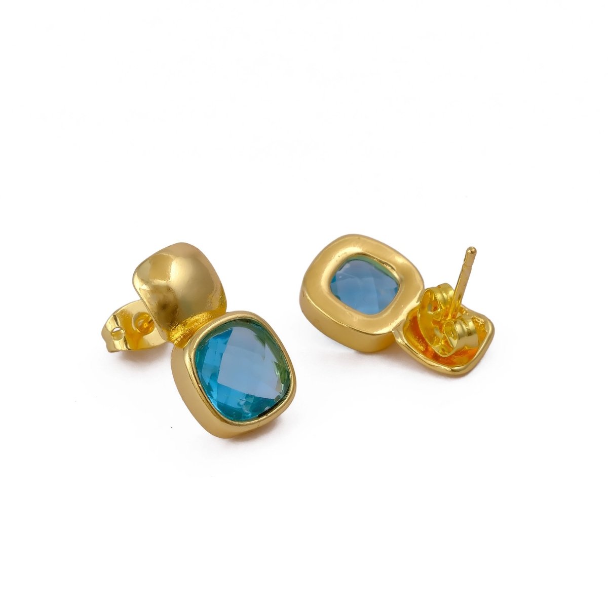 Faceted Blue Topaz Gold Plated Stud Earrings, Cushion Shape Gemstone Jewelry CE - 1033