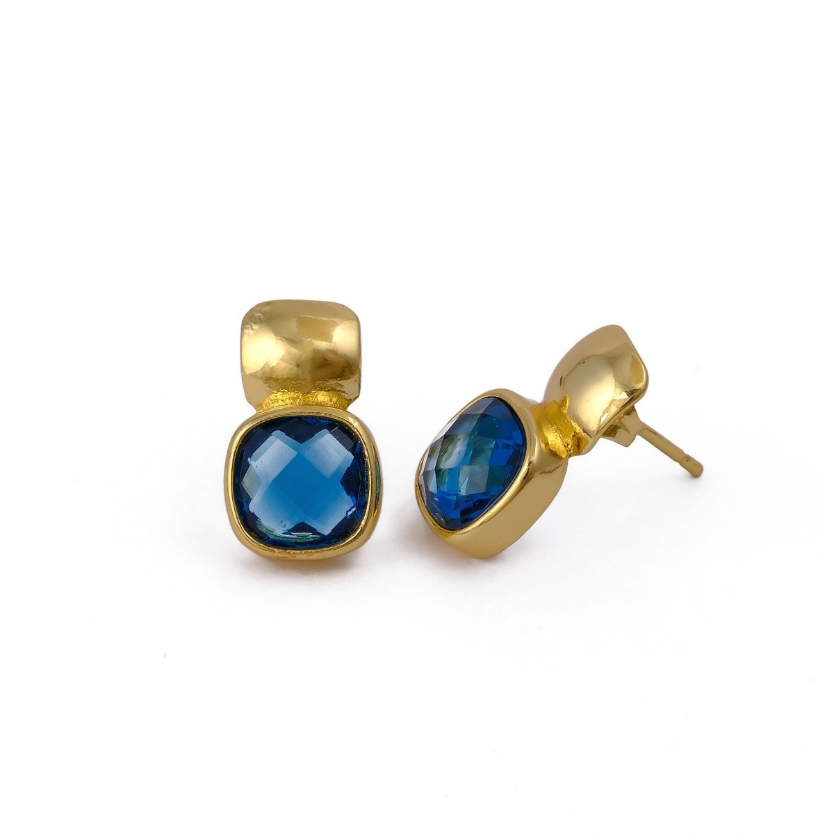 Faceted Blue Topaz Gold Plated Stud Earrings, Cushion Shape Gemstone Jewelry CE - 1033