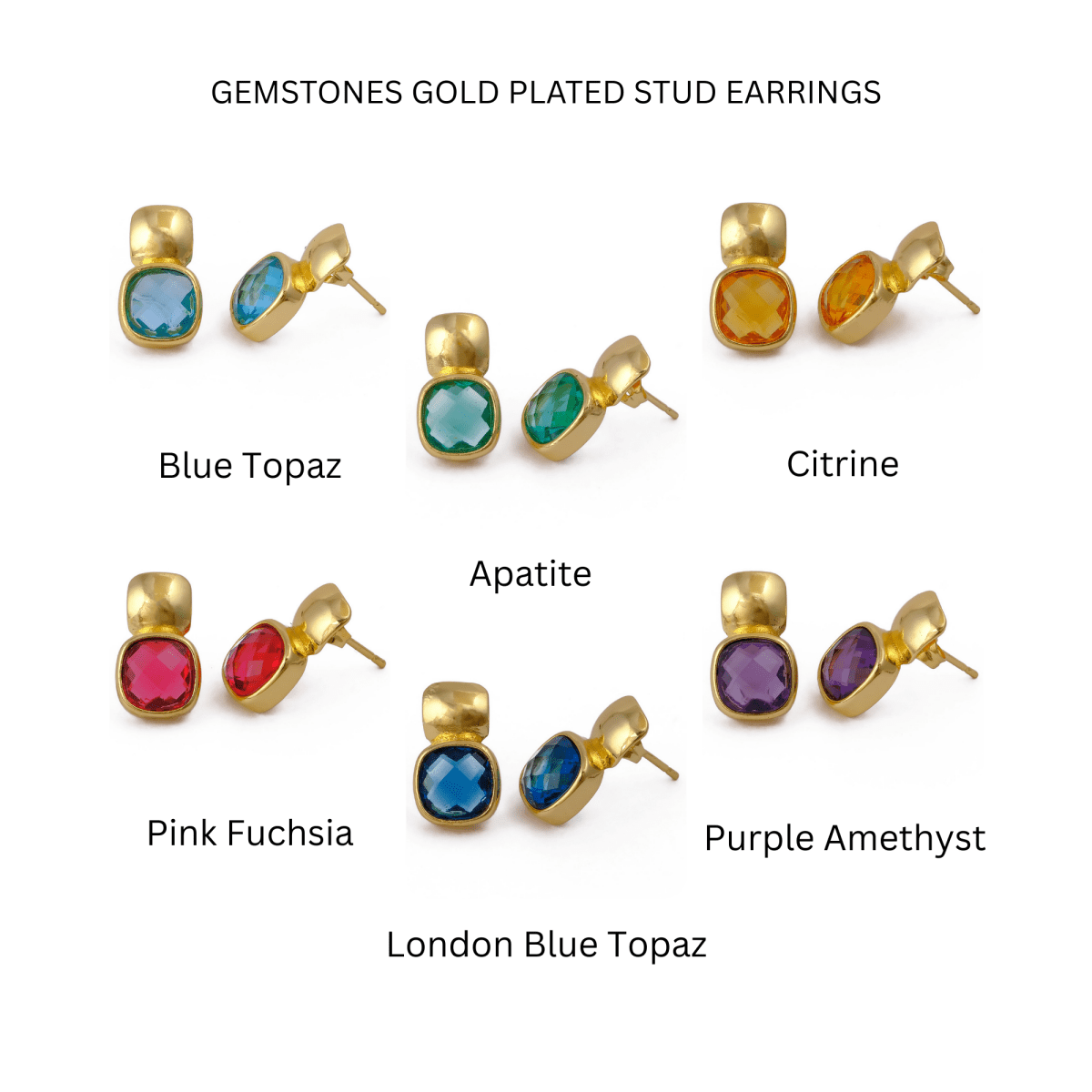 Faceted Blue Topaz Gold Plated Stud Earrings, Cushion Shape Gemstone Jewelry CE - 1033