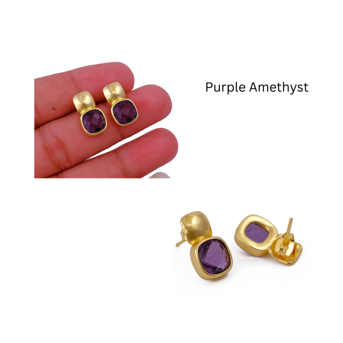 Faceted Blue Topaz Gold Plated Stud Earrings, Cushion Shape Gemstone Jewelry CE - 1033