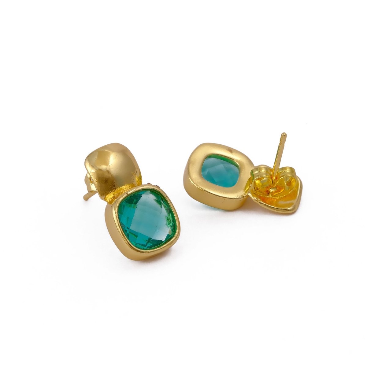 Faceted Blue Topaz Gold Plated Stud Earrings, Cushion Shape Gemstone Jewelry CE - 1033
