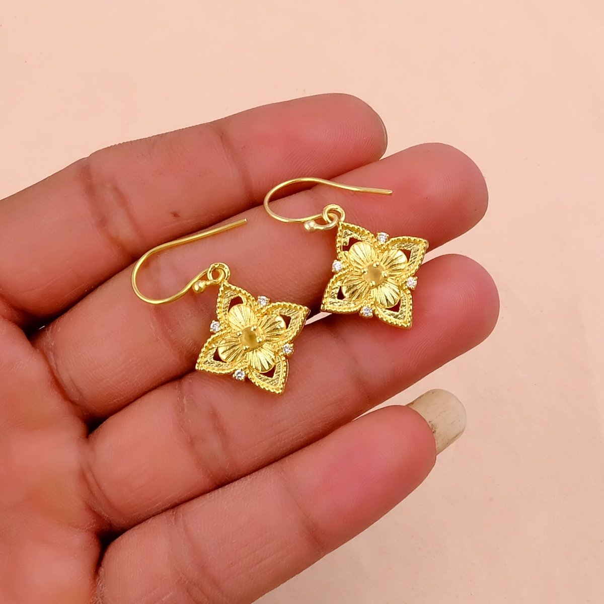 Faceted Blue Turquoise Round Shape Floral Drop Earrings, Gold Plated Hook Earrings 5383