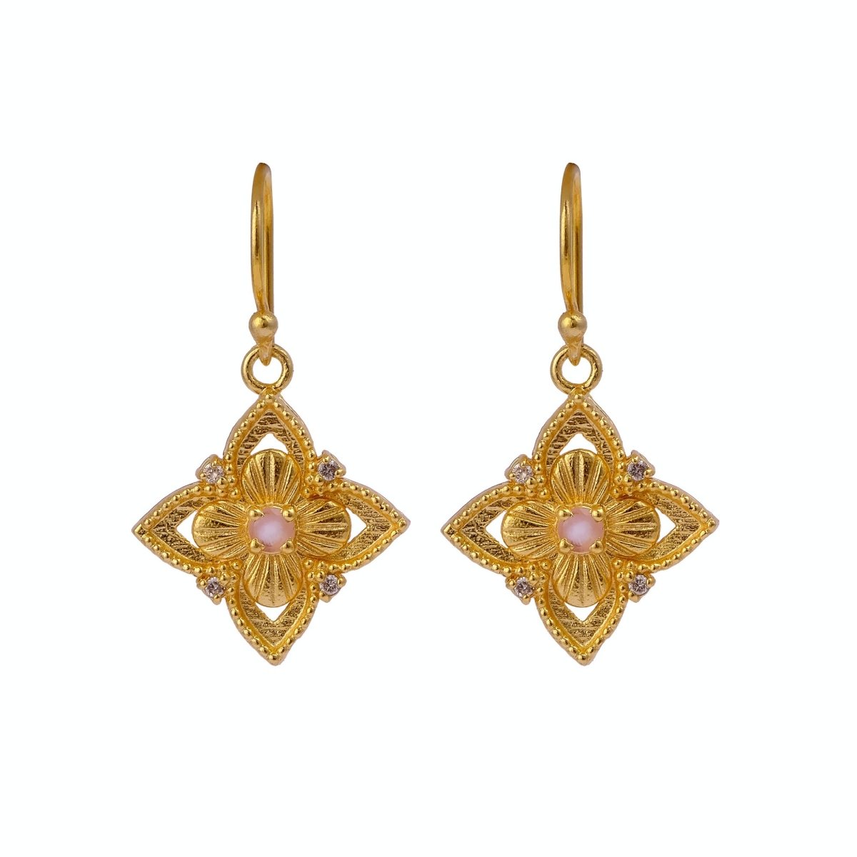 Faceted Blue Turquoise Round Shape Floral Drop Earrings, Gold Plated Hook Earrings 5383