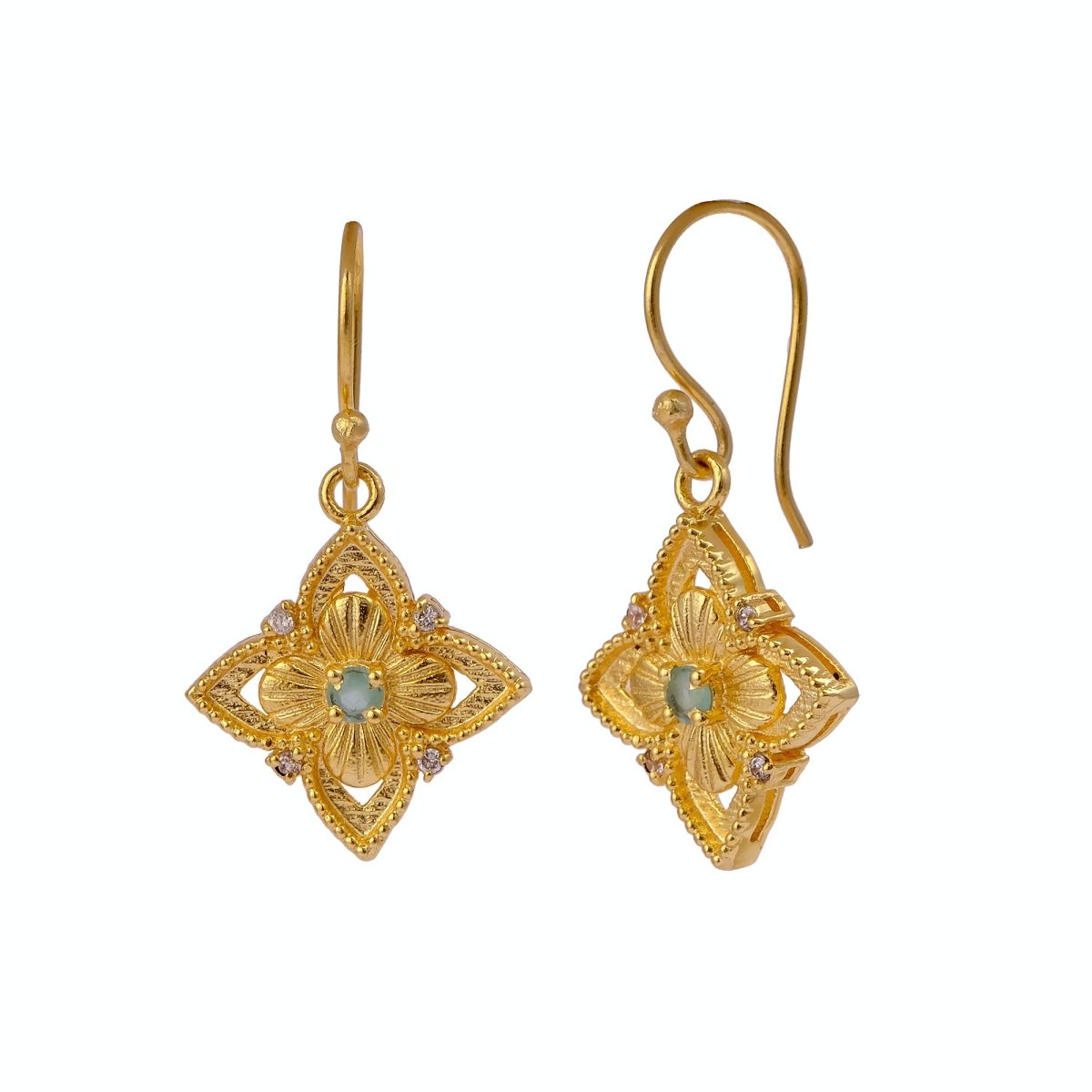 Faceted Blue Turquoise Round Shape Floral Drop Earrings, Gold Plated Hook Earrings 5383