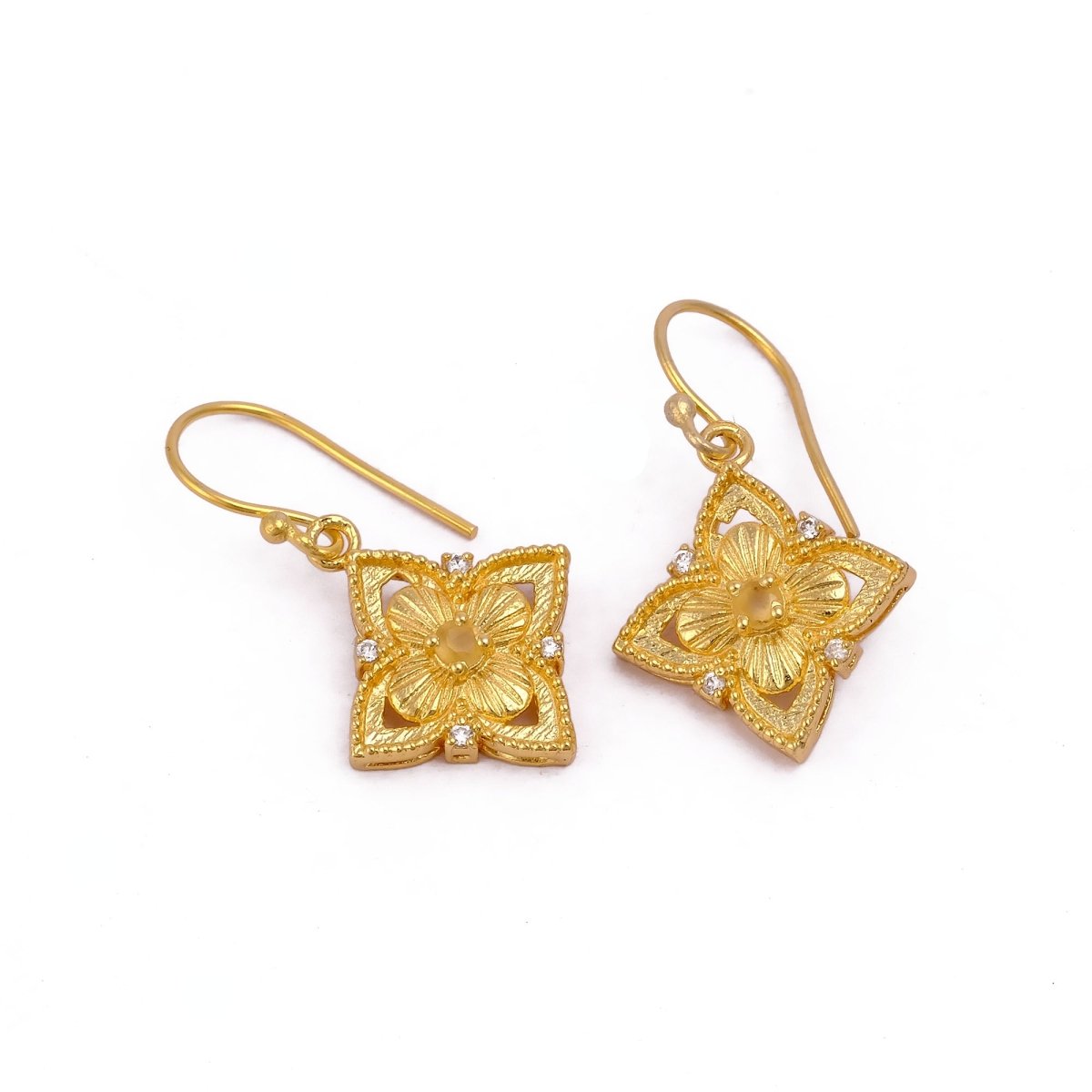 Faceted Blue Turquoise Round Shape Floral Drop Earrings, Gold Plated Hook Earrings 5383