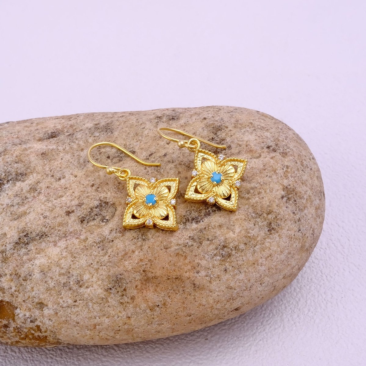 Faceted Blue Turquoise Round Shape Floral Drop Earrings, Gold Plated Hook Earrings 5383