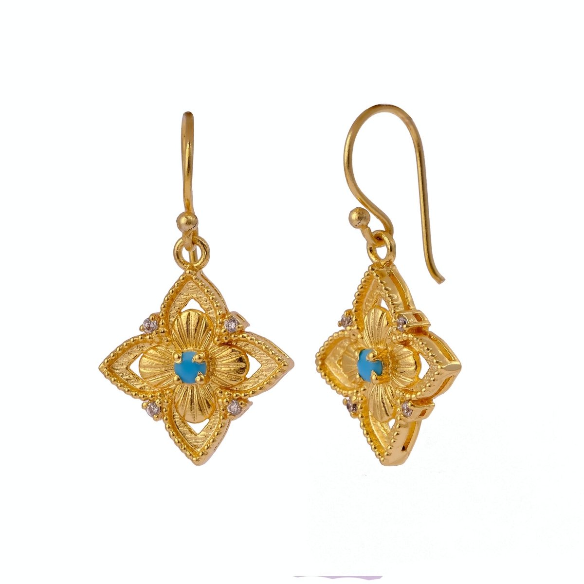 Faceted Blue Turquoise Round Shape Floral Drop Earrings, Gold Plated Hook Earrings 5383