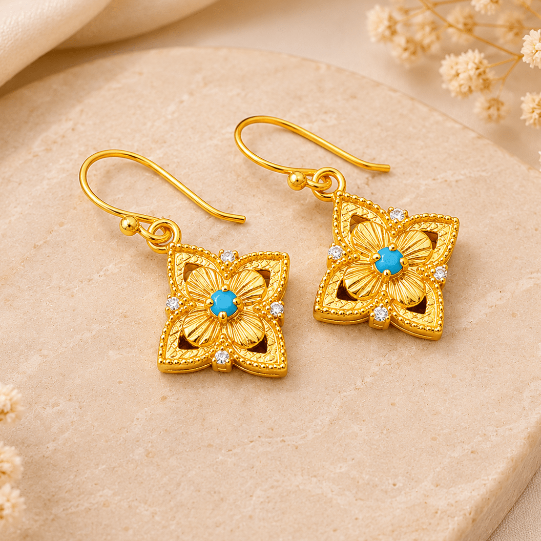 Faceted Blue Turquoise Round Shape Floral Drop Earrings, Gold Plated Hook Earrings 5383