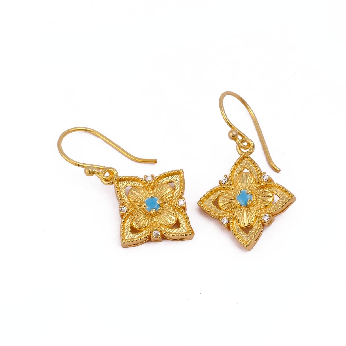Faceted Blue Turquoise Round Shape Floral Drop Earrings, Gold Plated Hook Earrings 5383