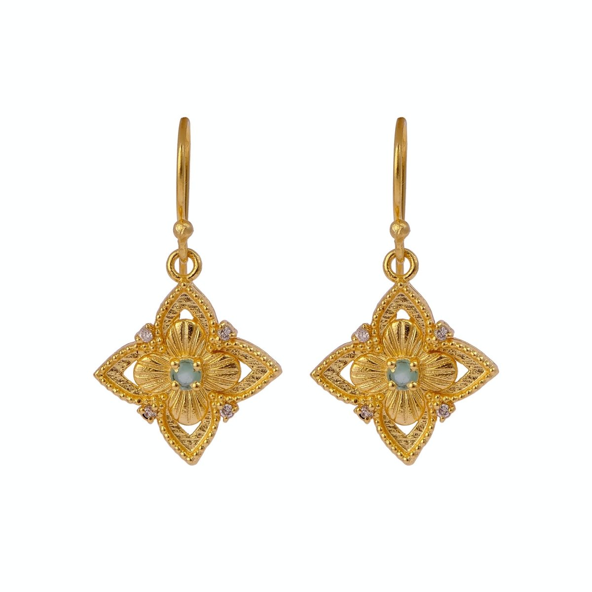 Faceted Blue Turquoise Round Shape Floral Drop Earrings, Gold Plated Hook Earrings 5383