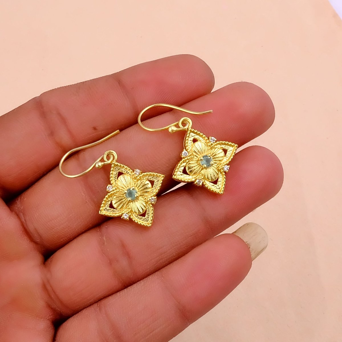 Faceted Blue Turquoise Round Shape Floral Drop Earrings, Gold Plated Hook Earrings 5383