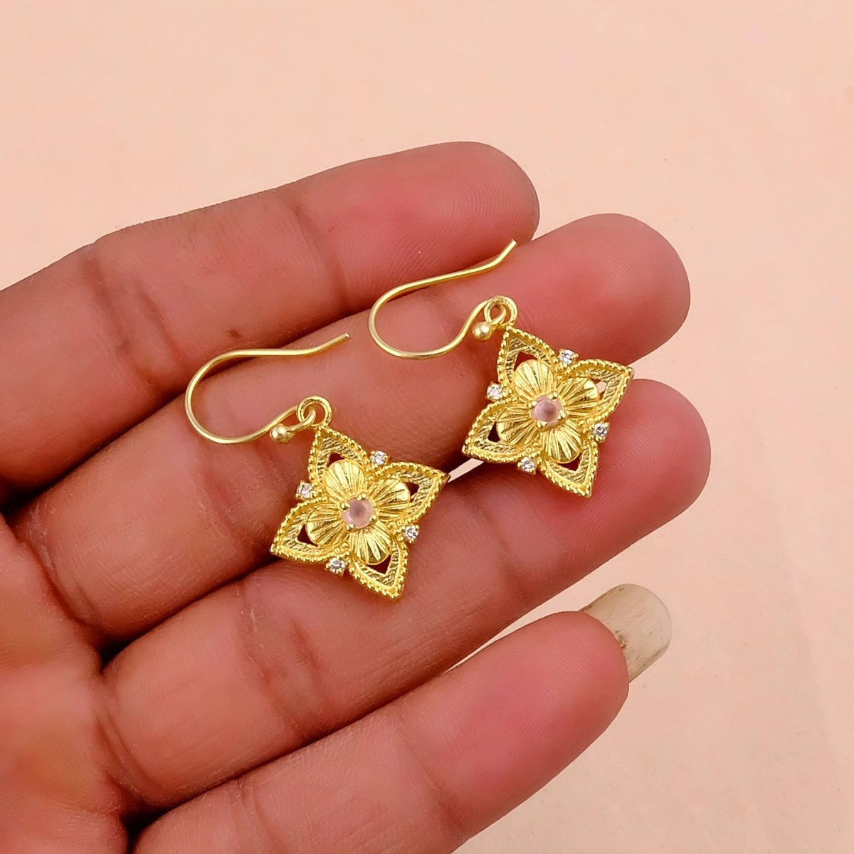 Faceted Blue Turquoise Round Shape Floral Drop Earrings, Gold Plated Hook Earrings 5383
