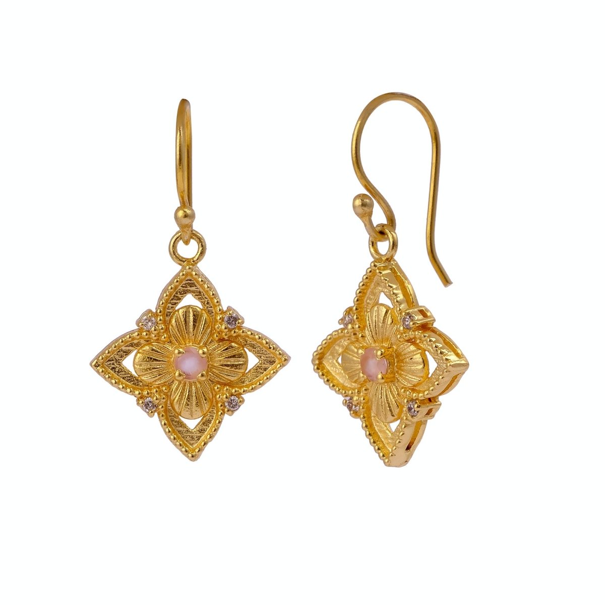 Faceted Blue Turquoise Round Shape Floral Drop Earrings, Gold Plated Hook Earrings 5383