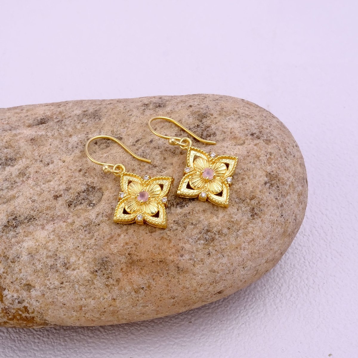 Faceted Blue Turquoise Round Shape Floral Drop Earrings, Gold Plated Hook Earrings 5383