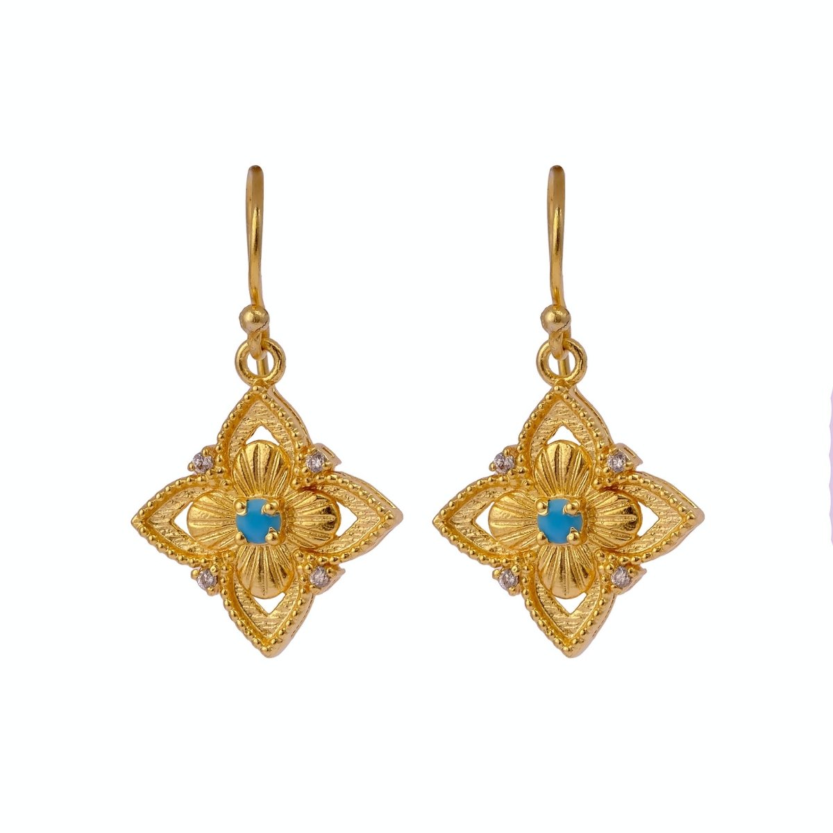 Faceted Blue Turquoise Round Shape Floral Drop Earrings, Gold Plated Hook Earrings 5383