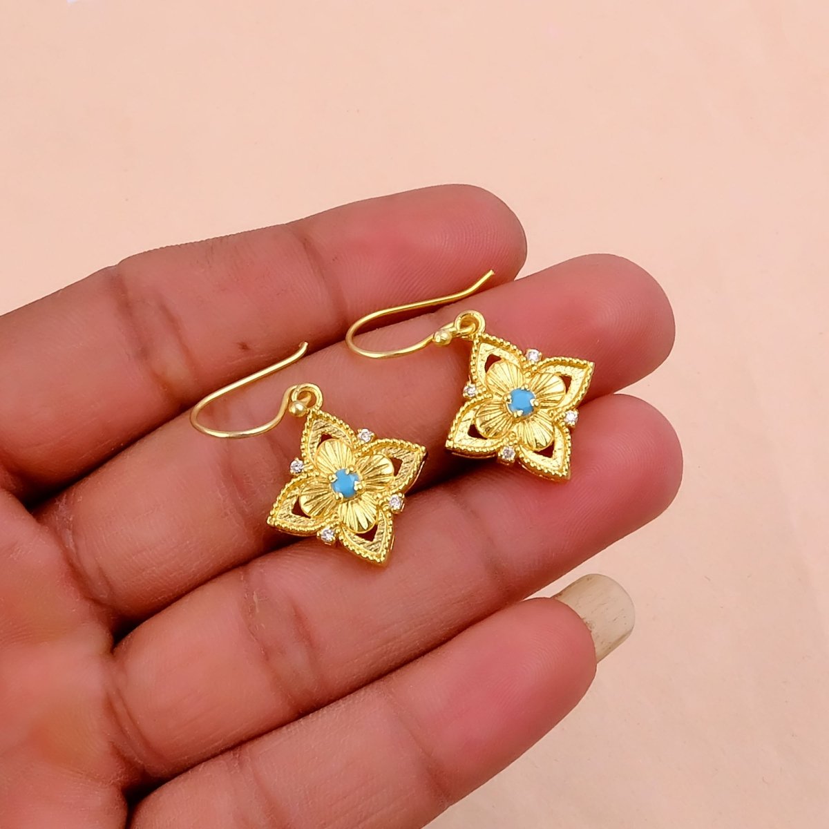 Faceted Blue Turquoise Round Shape Floral Drop Earrings, Gold Plated Hook Earrings 5383