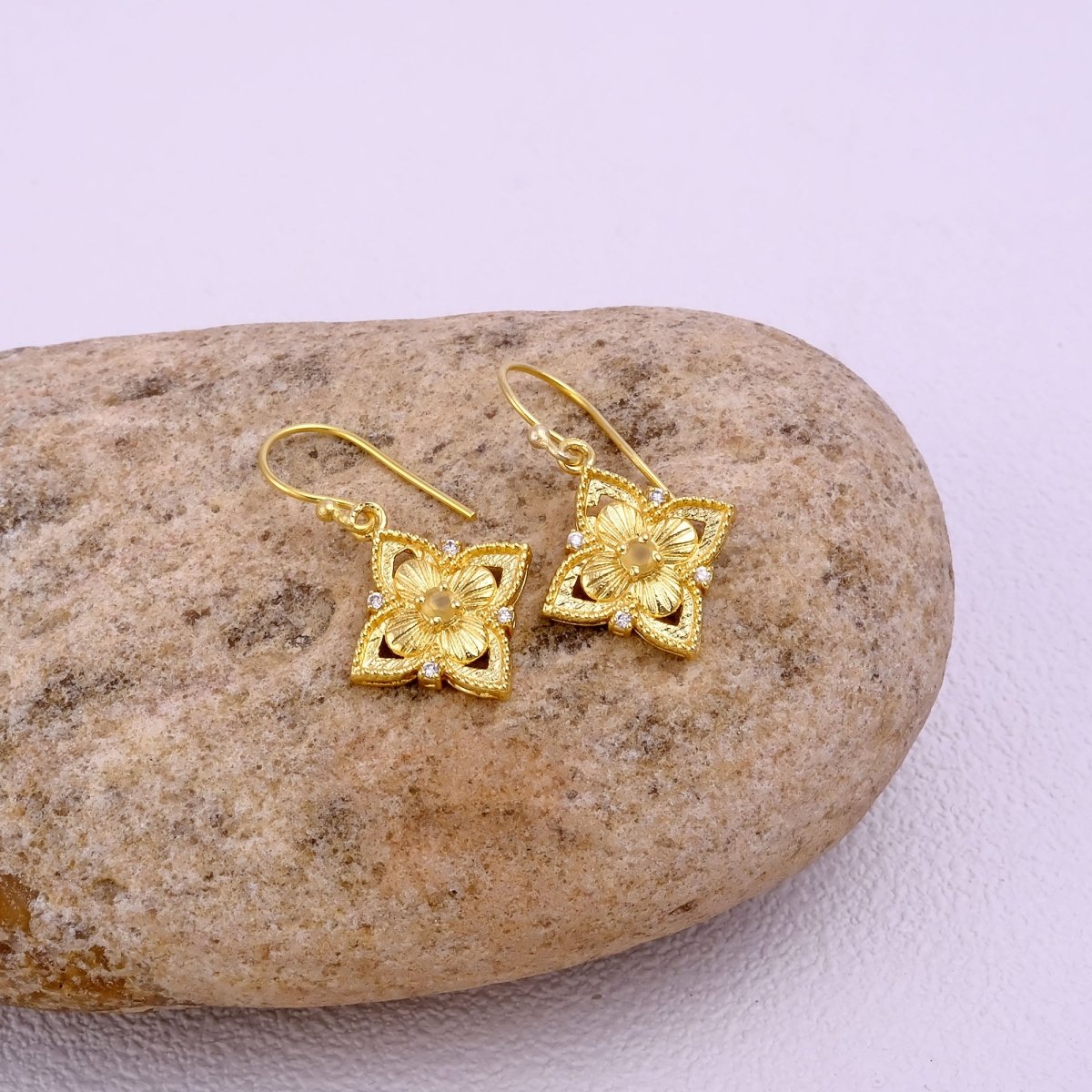 Faceted Blue Turquoise Round Shape Floral Drop Earrings, Gold Plated Hook Earrings 5383