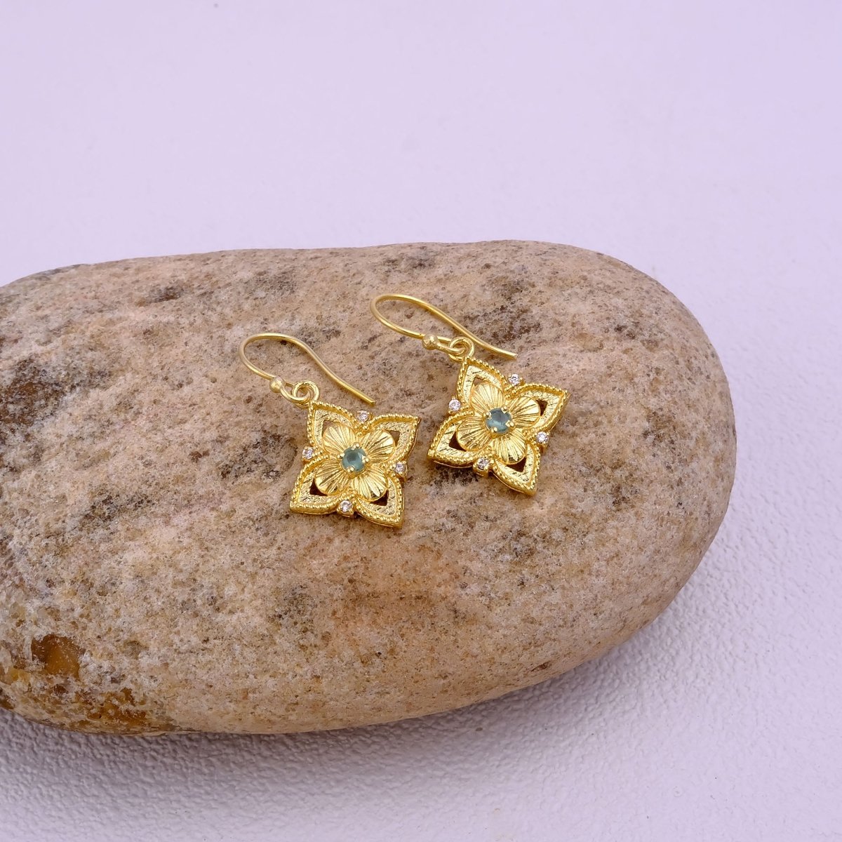 Faceted Blue Turquoise Round Shape Floral Drop Earrings, Gold Plated Hook Earrings 5383